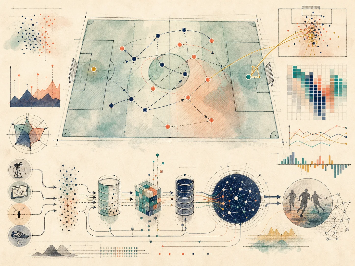 Illustrated soccer pitch with passing networks and analytical charts